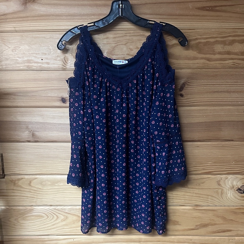 Knit Works Women's Navy and Pink Floral Cold Shoulder 3/4 Sleeve Blouse Size XL